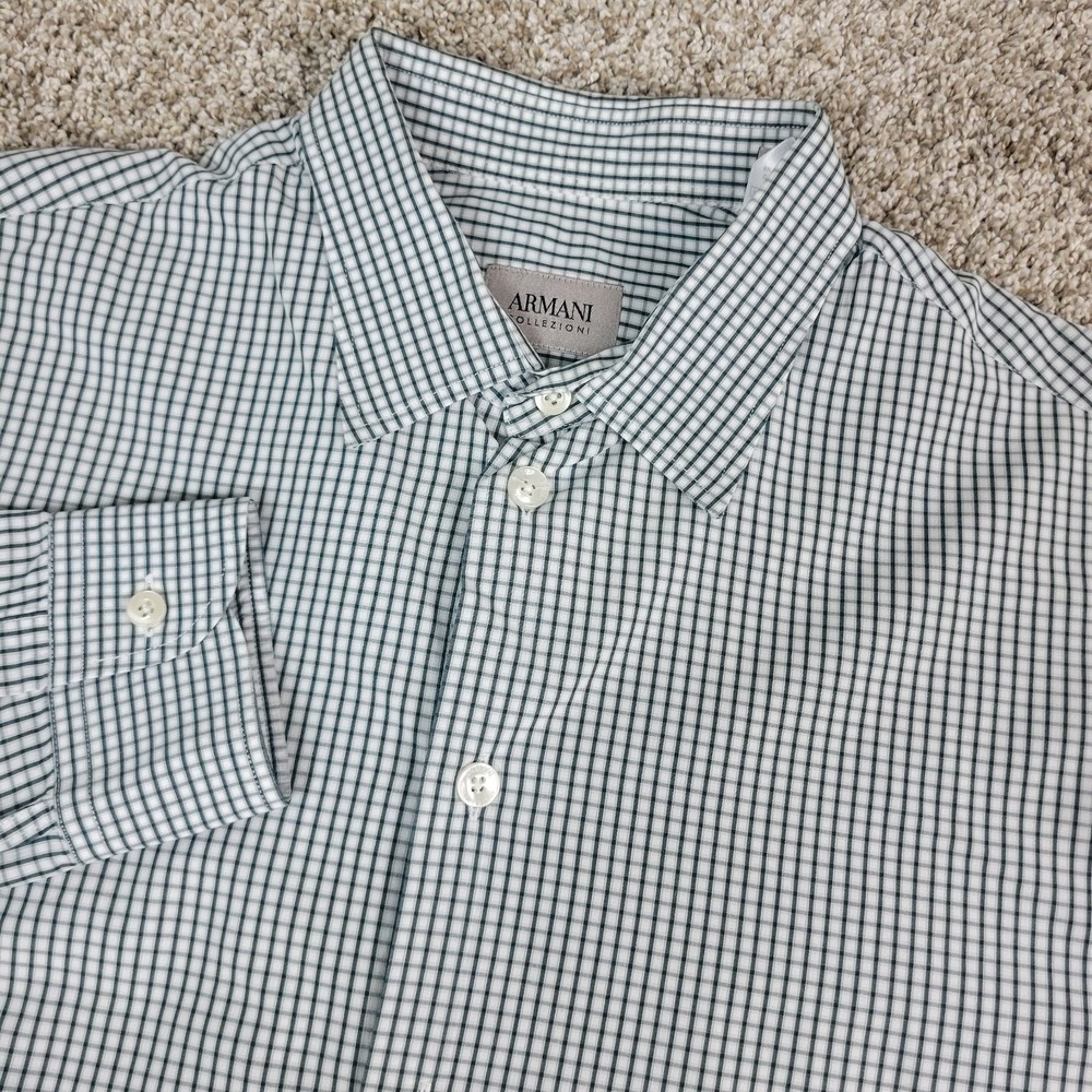 Armani Collezioni Mens Large White Navy Check Button Up Long Sleeve